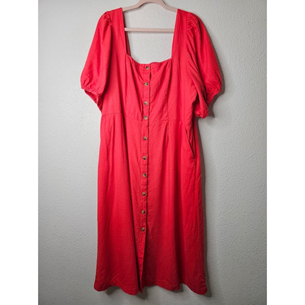 Old Navy Red Linen Blend Button Front Puff Sleeve Midi Dress XXL Smocked Back